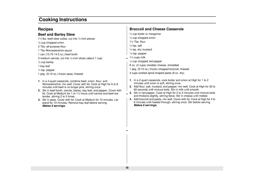 Samsung MW1030SC, MW1040SC, MW1030WC, MW1030BC manual Recipes, Beef and Barley Stew, Broccoli and Cheese Casserole 