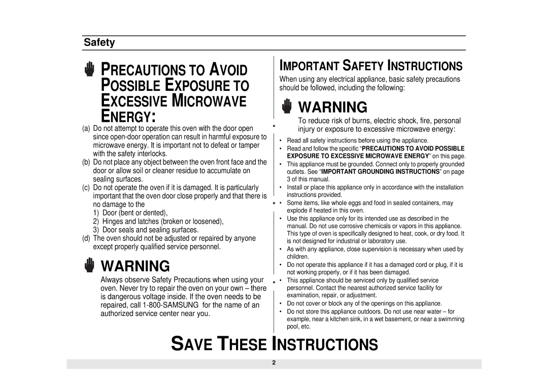 Samsung MW1030SC, MW1040SC, MW1030WC, MW1030BC manual Important Safety Instructions 