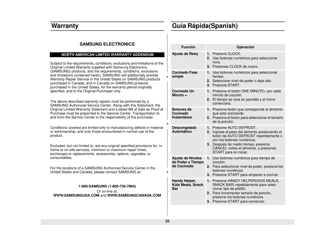 Samsung MW1030BC, MW1040SC, MW1030WC, MW1030SC manual Warranty Guía RápidaSpanish 