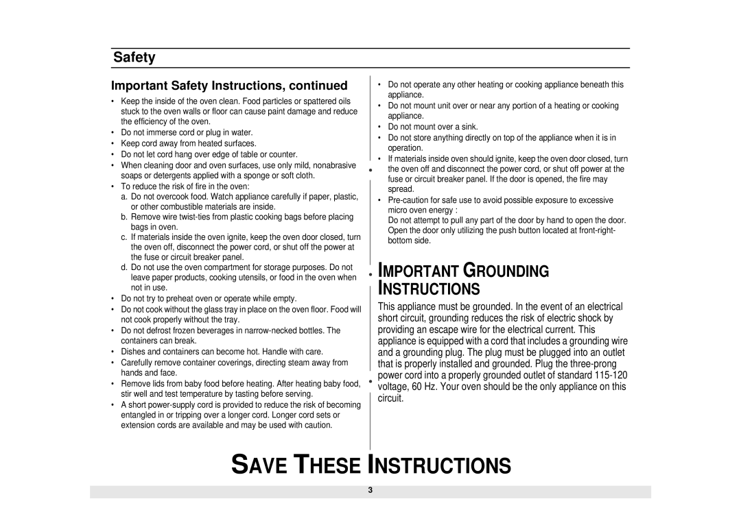 Samsung MW1030BC, MW1040SC, MW1030WC, MW1030SC manual Important Grounding Instructions 