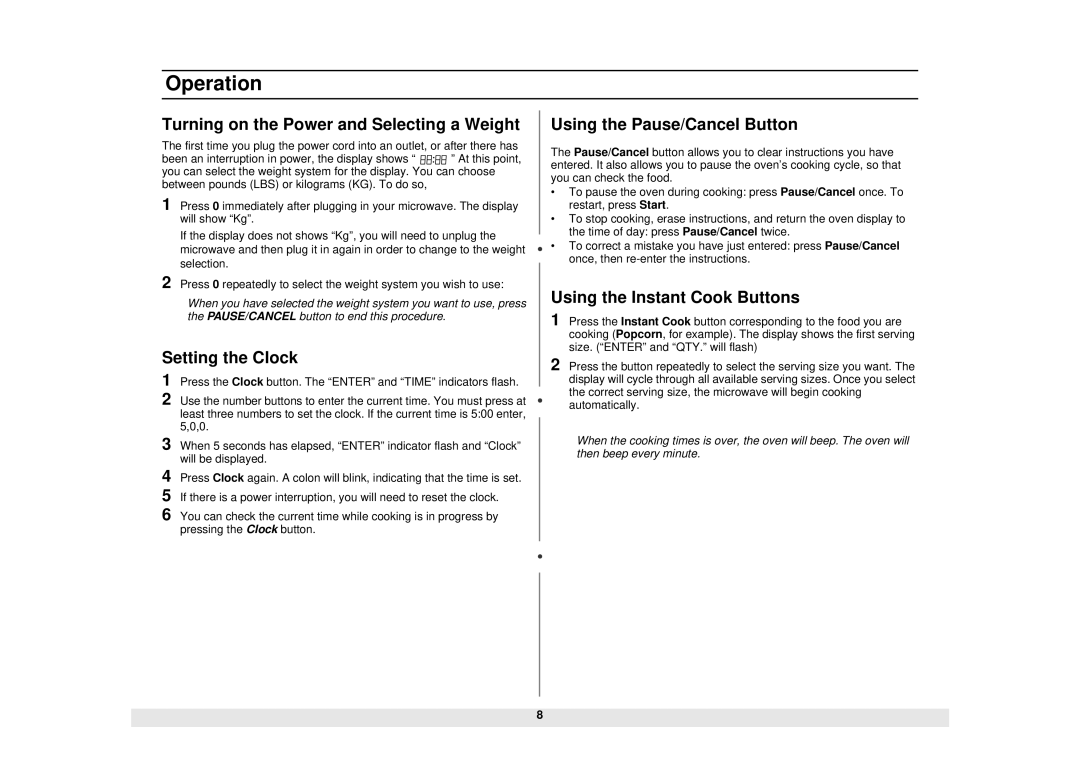 Samsung MW1040SC Operation, Turning on the Power and Selecting a Weight, Setting the Clock, Using the Pause/Cancel Button 