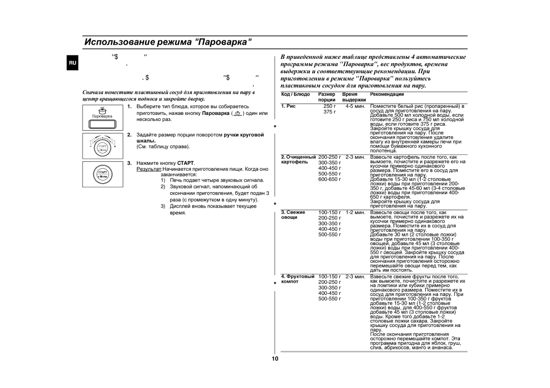 Samsung MW107LR-S/BWT, MW107LR-S/SBW manual Использование режима Пароварка 