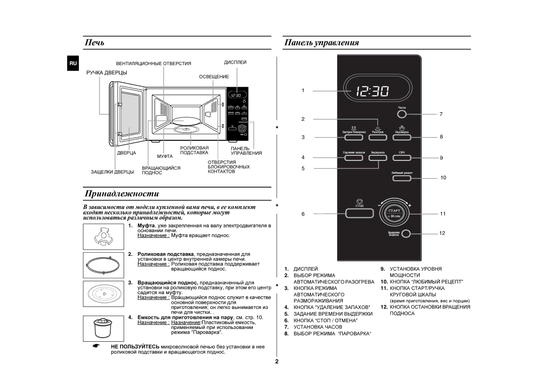 Samsung MW107LR-S/BWT, MW107LR-S/SBW manual Принадлежности, Печь Панель управления 