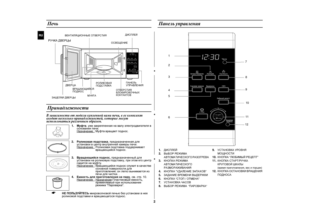 Samsung MW107WR/BWT, MW107WR/SBW manual Принадлежности, Печь Панель управления 