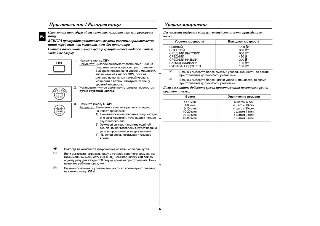 Samsung MW107WR/BWT, MW107WR/SBW manual Приготовление / Разогрев пищи, Уровни мощности, Уровень мощности Выходная мощность 