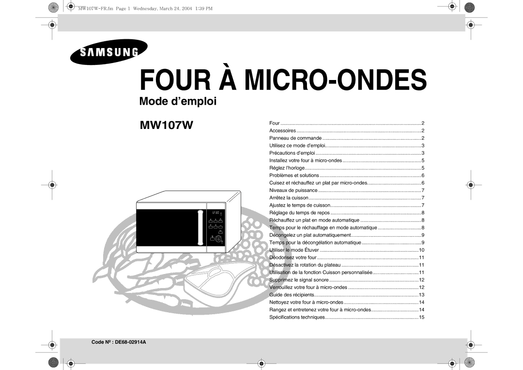 Samsung MW107W/XEF manual Four À MICRO-ONDES, Code Nº.DE68--02914A02323A 