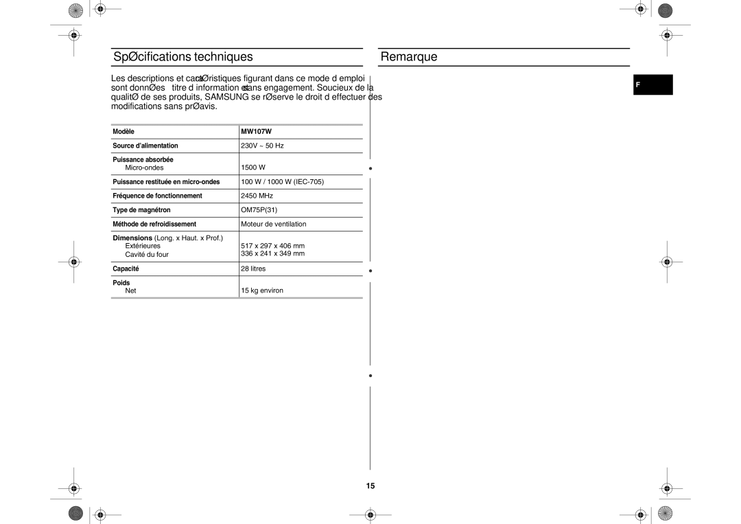 Samsung MW107W/XEF manual Spécifications techniques Remarque 