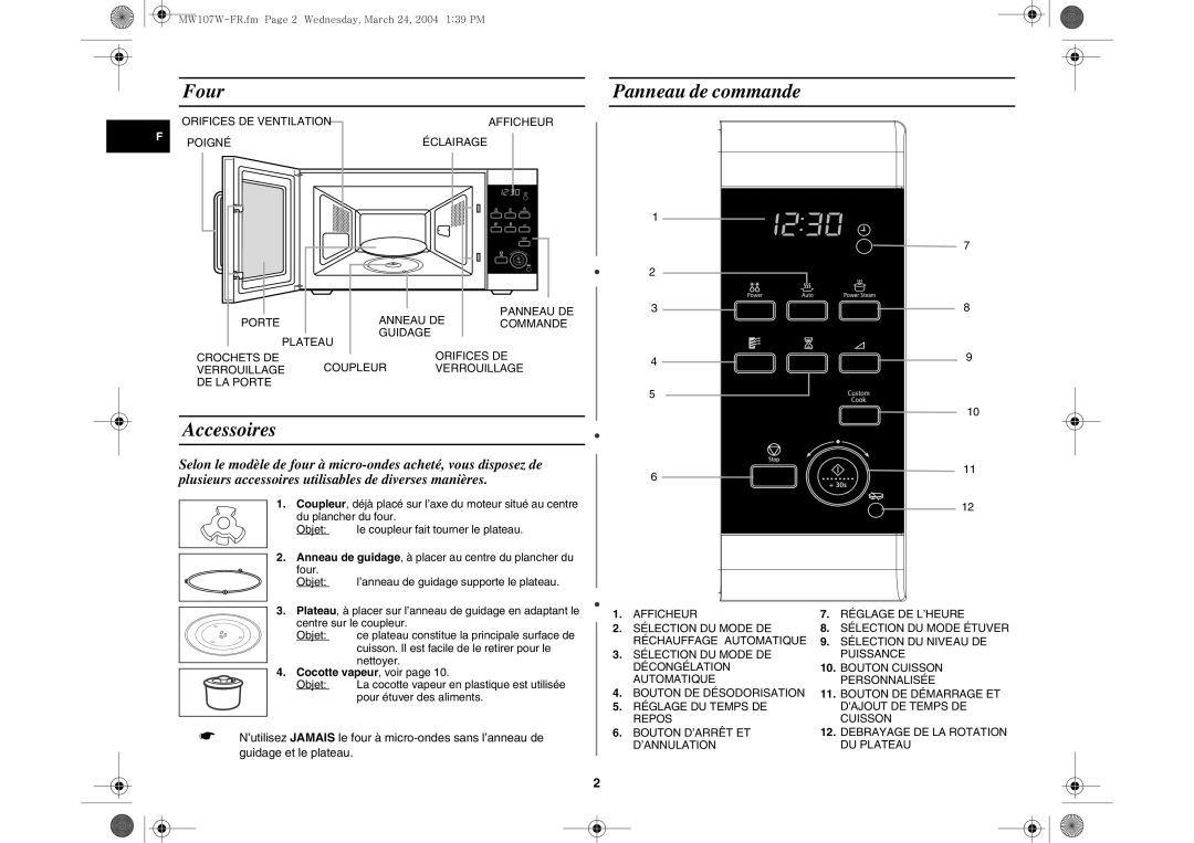 Samsung MW107W/XEF manual Four, Panneau de commande, Accessoires, Cocotte vapeur , voir 