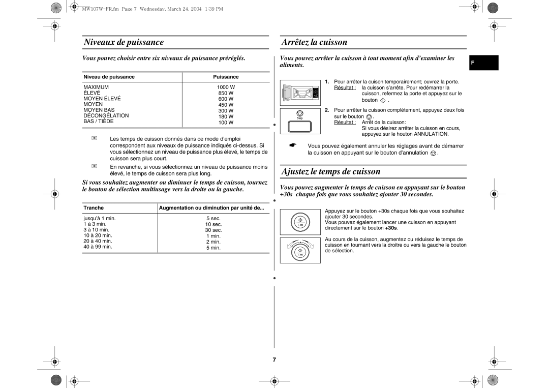 Samsung MW107W/XEF Niveaux de puissance Arrêtez la cuisson, Ajustez le temps de cuisson, Niveau de puissance Puissance 