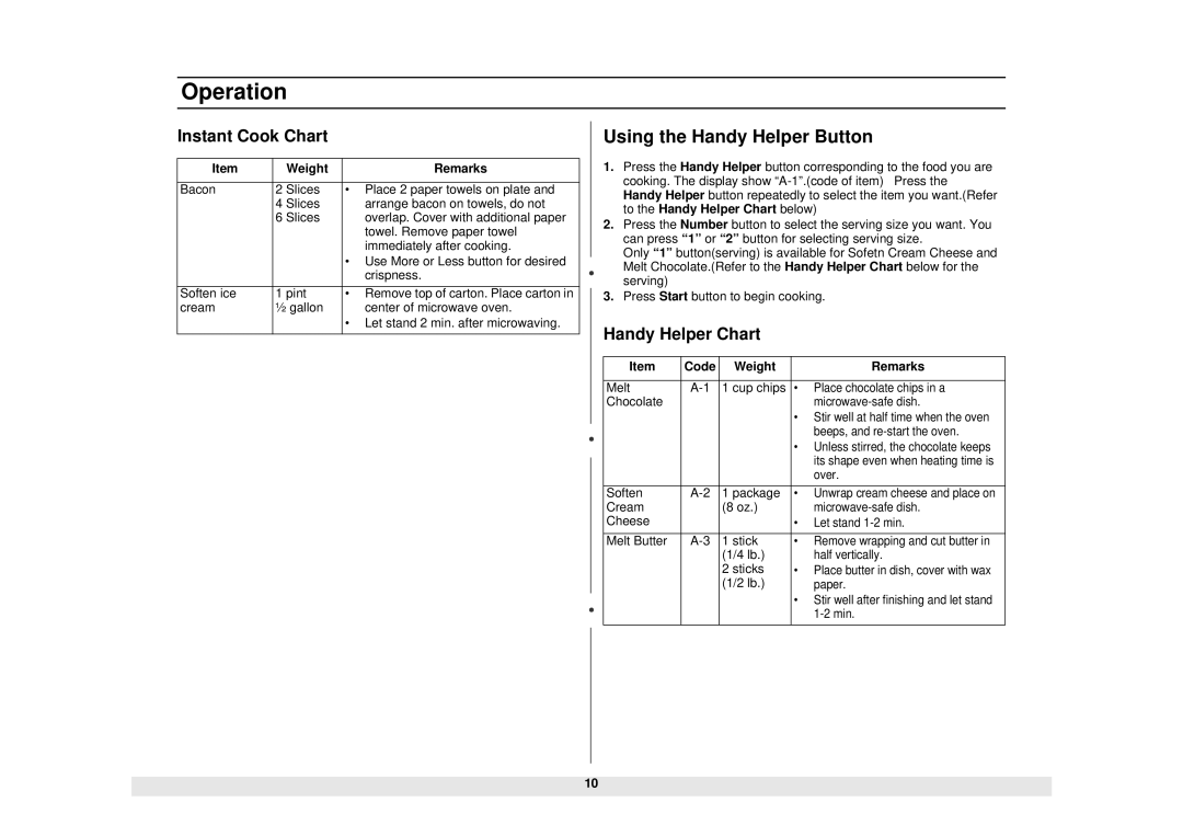 Samsung MW1080STA owner manual Using the Handy Helper Button, Instant Cook Chart, Handy Helper Chart, Code Weight Remarks 