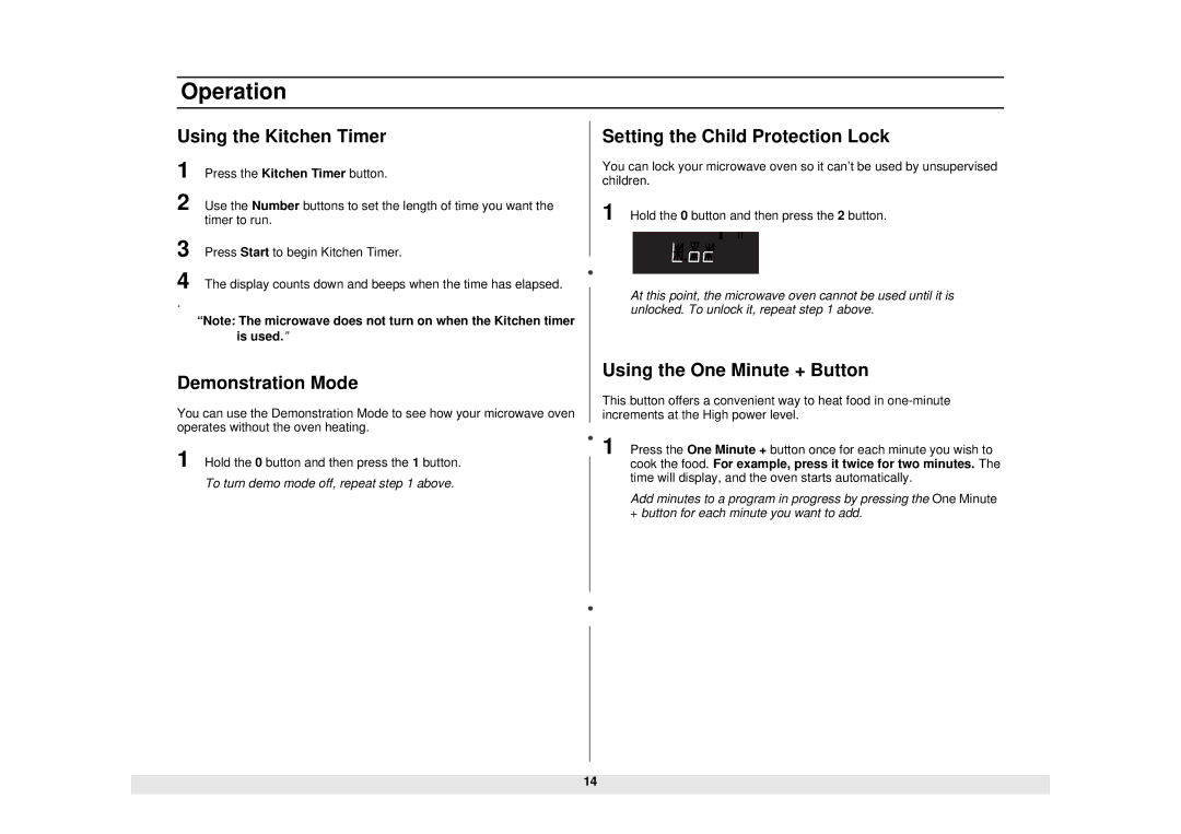 Samsung MW1080STA owner manual Using the Kitchen Timer, Demonstration Mode, Setting the Child Protection Lock 