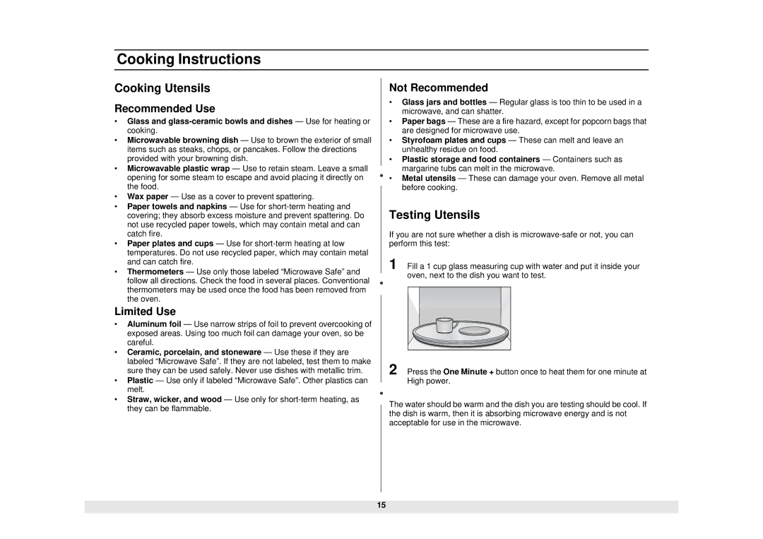 Samsung MW1080STA owner manual Cooking Instructions, Cooking Utensils, Testing Utensils 