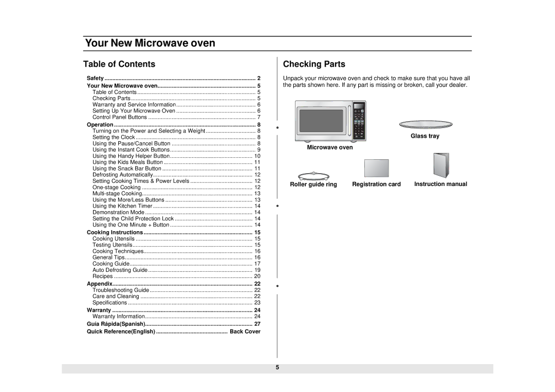 Samsung MW1080STA owner manual Your New Microwave oven, Table of Contents, Checking Parts 