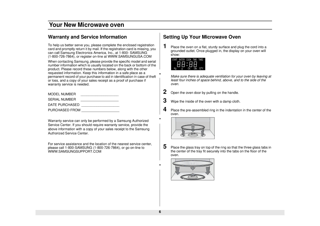 Samsung MW1080STA owner manual Warranty and Service Information, Setting Up Your Microwave Oven 