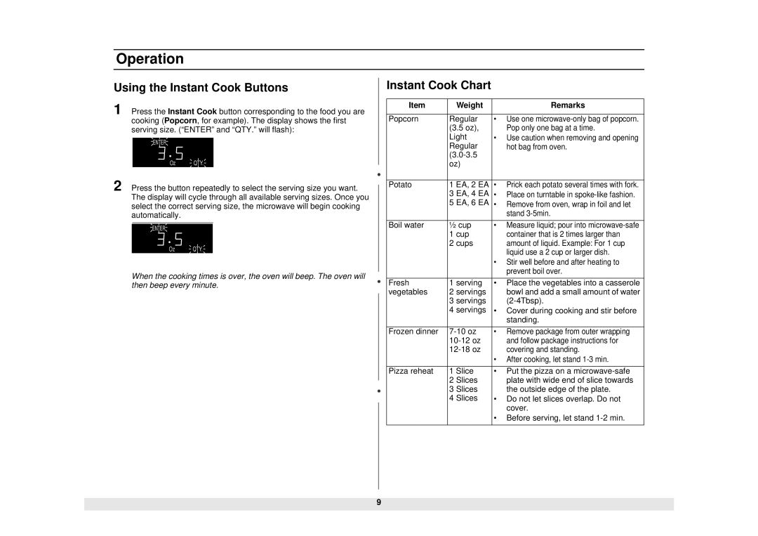 Samsung MW1080STA owner manual Using the Instant Cook Buttons, Instant Cook Chart, Weight Remarks 