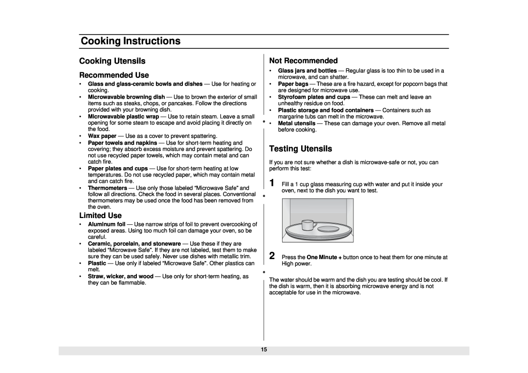 Samsung MW1080STA Cooking Instructions, Cooking Utensils, Testing Utensils, Recommended Use, Limited Use, Not Recommended 