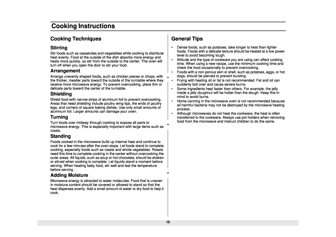 Samsung MW1080STA Cooking Techniques, General Tips, Stirring, Arrangement, Shielding, Turning, Standing, Adding Moisture 