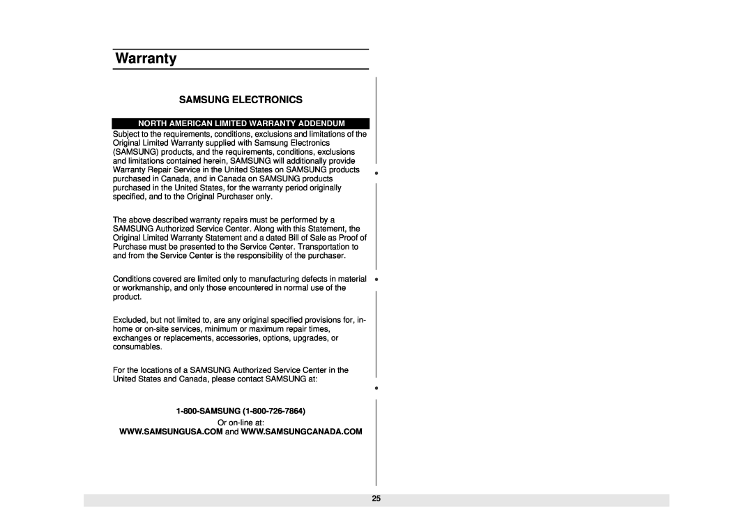 Samsung MW1080STA owner manual Samsung Electronics, North American Limited Warranty Addendum 