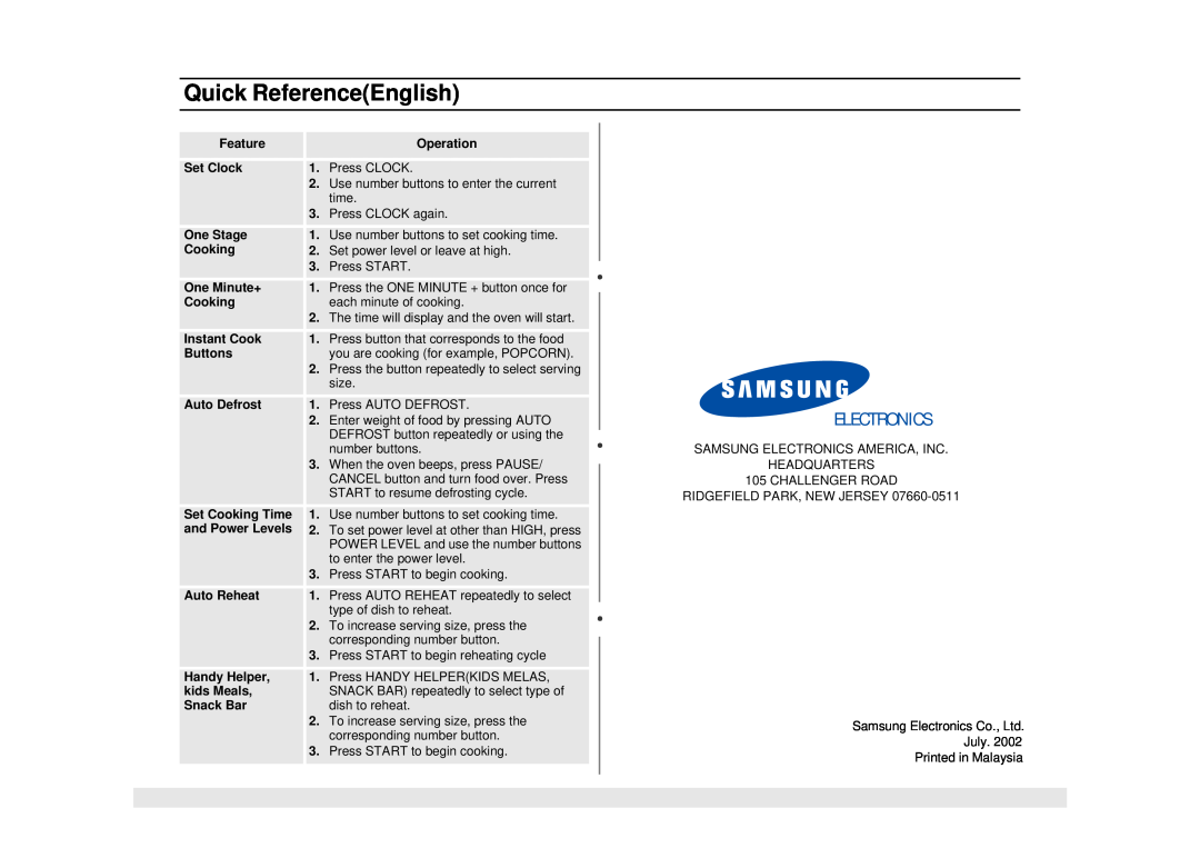 Samsung MW1080STA owner manual Quick ReferenceEnglish, Electronics 