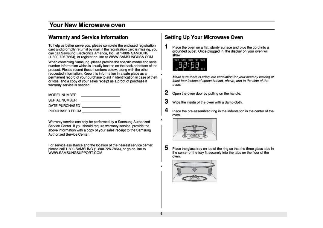 Samsung MW1080STA owner manual Warranty and Service Information, Setting Up Your Microwave Oven, Your New Microwave oven 