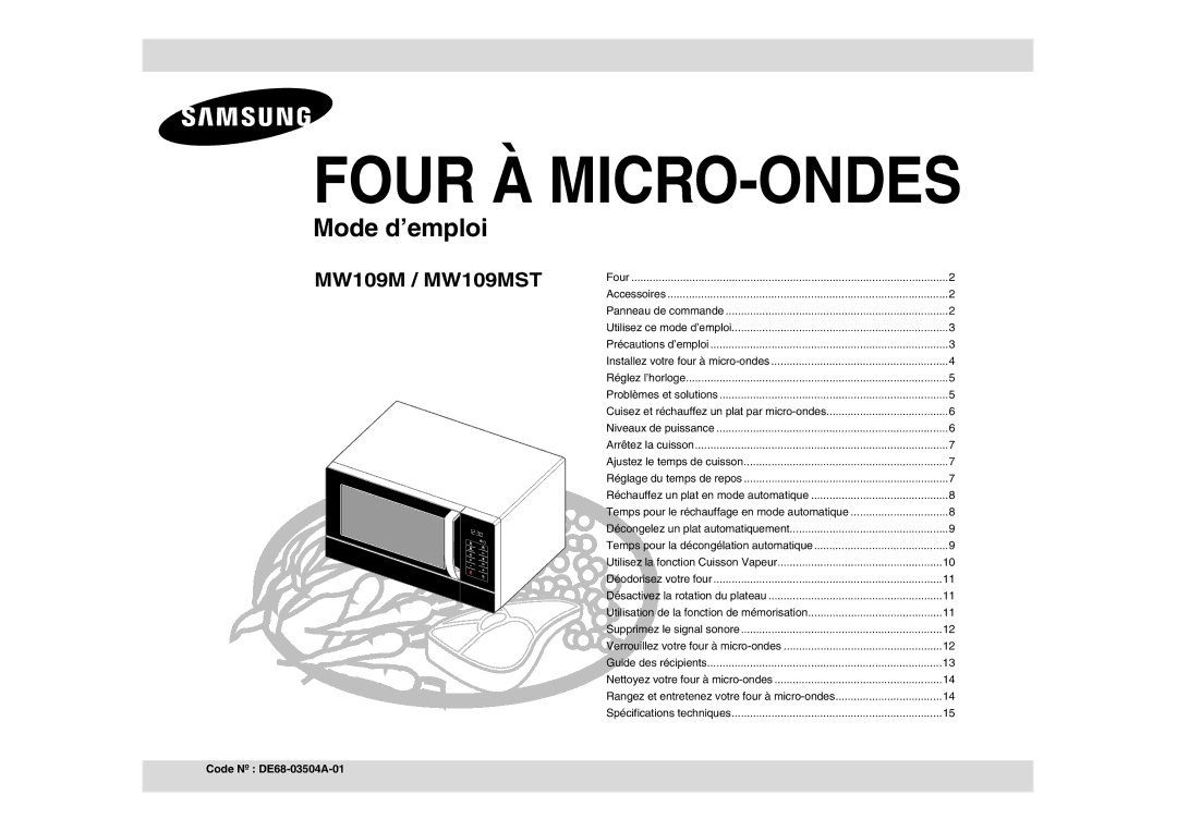 Samsung MW109M-B/XEF manual Four À MICRO-ONDES, Code Nº.DE68--03504A02323A-01 