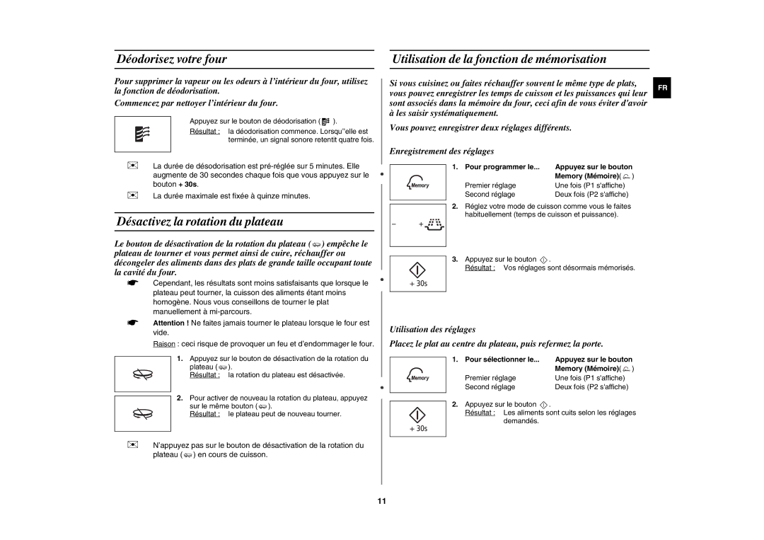 Samsung MW109M-B/XEF Déodorisez votre four, Désactivez la rotation du plateau, Utilisation de la fonction de mémorisation 