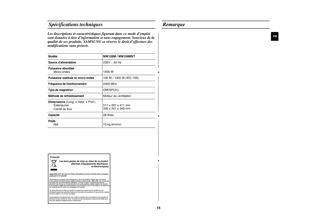 Samsung MW109M-B/XEF manual Spécifications techniques Remarque, MW109M / MW109MST 