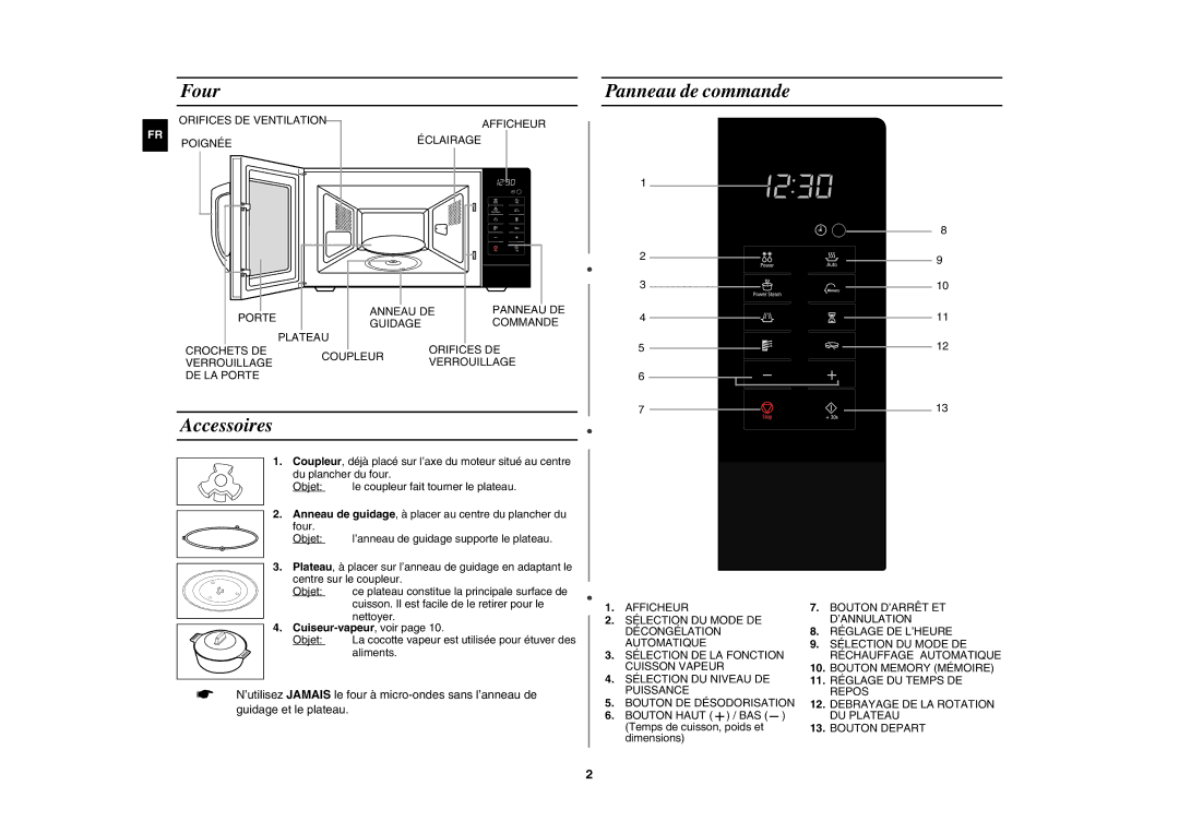 Samsung MW109M-B/XEF manual Four, Accessoires, Panneau de commande, Cuiseur-vapeur , voir 