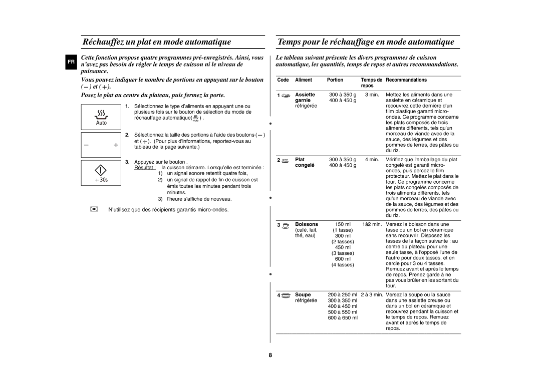 Samsung MW109M-B/XEF manual Réchauffez un plat en mode automatique, Temps pour le réchauffage en mode automatique 
