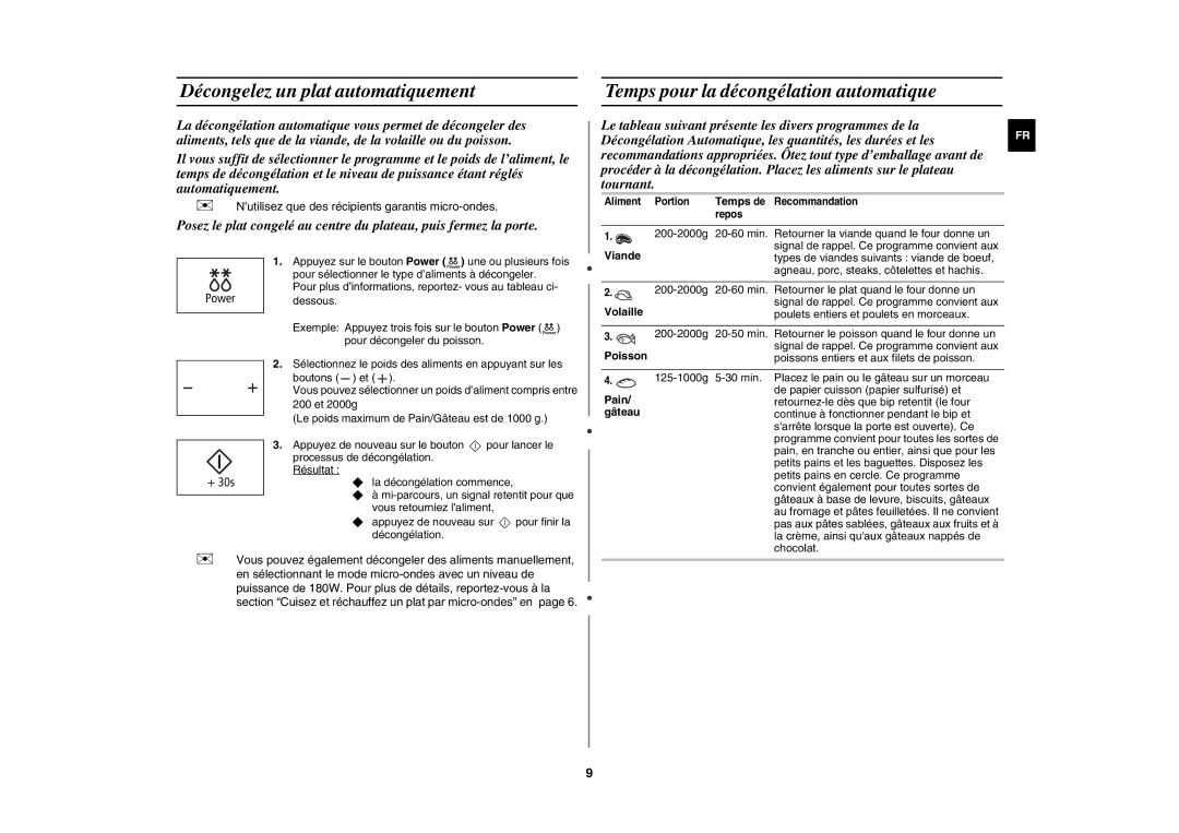 Samsung MW109M-B/XEF manual Décongelez un plat automatiquement, Temps pour la décongélation automatique 