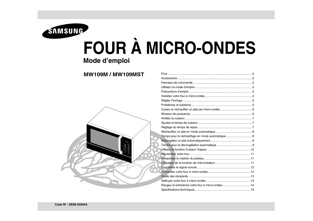 Samsung MW109M-S/XEF manual Four À MICRO-ONDES, Code Nº.DE68--03504A02323A 