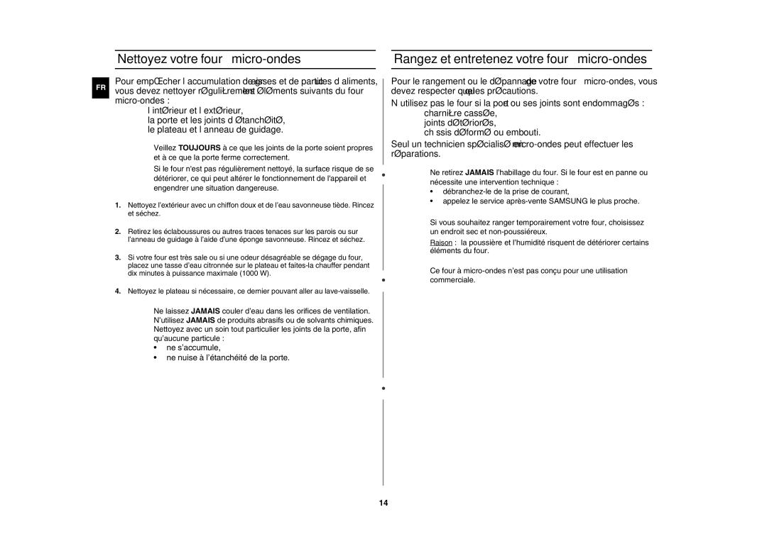 Samsung MW109M-S/XEF manual Nettoyez votre four à micro-ondes, Rangez et entretenez votre four à micro-ondes 