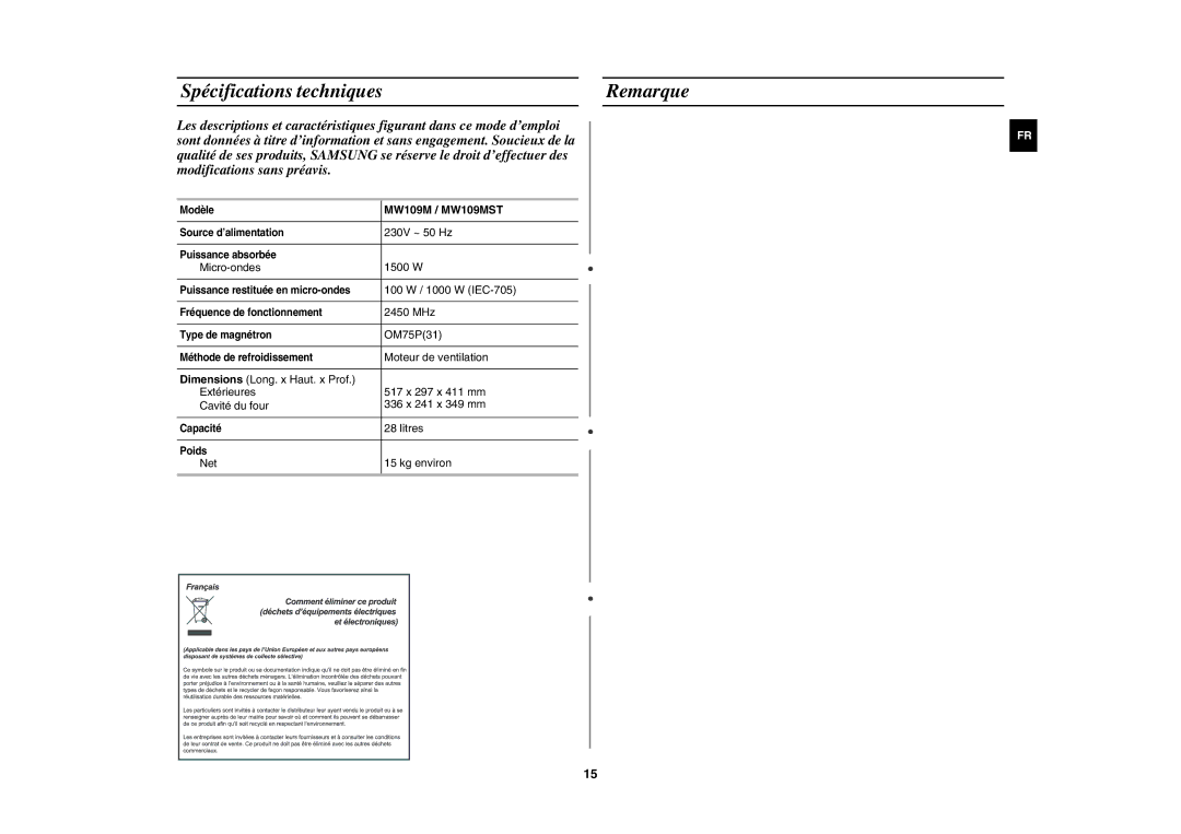 Samsung MW109M-S/XEF manual Spécifications techniques Remarque, MW109M / MW109MST 