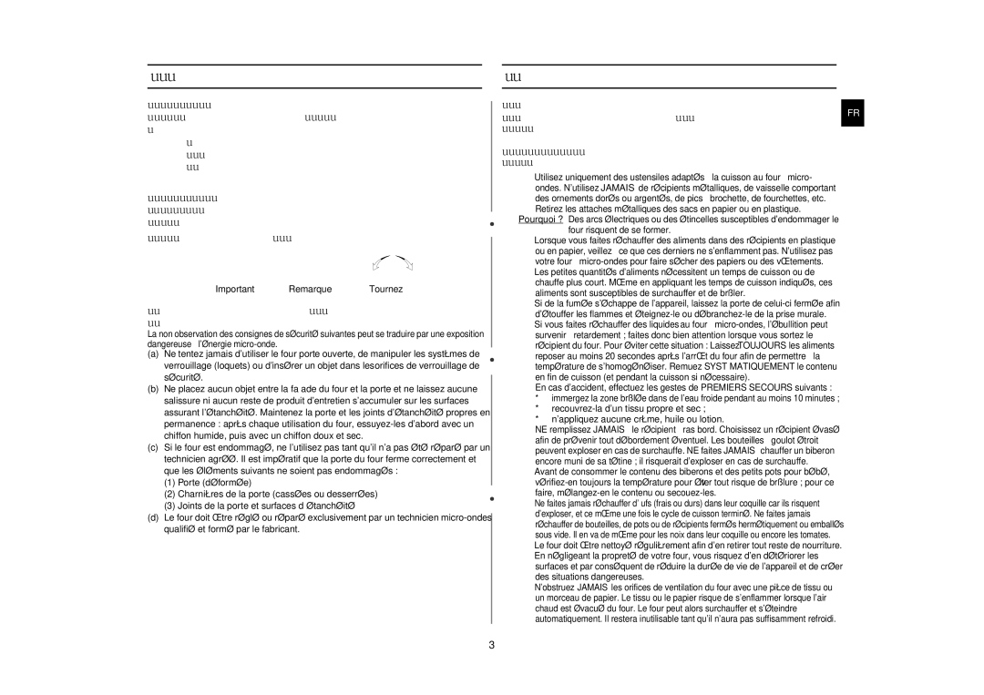 Samsung MW109M-S/XEF manual Utilisez ce mode d’emploi, Précautions d’emploi, Important Remarque Tournez 