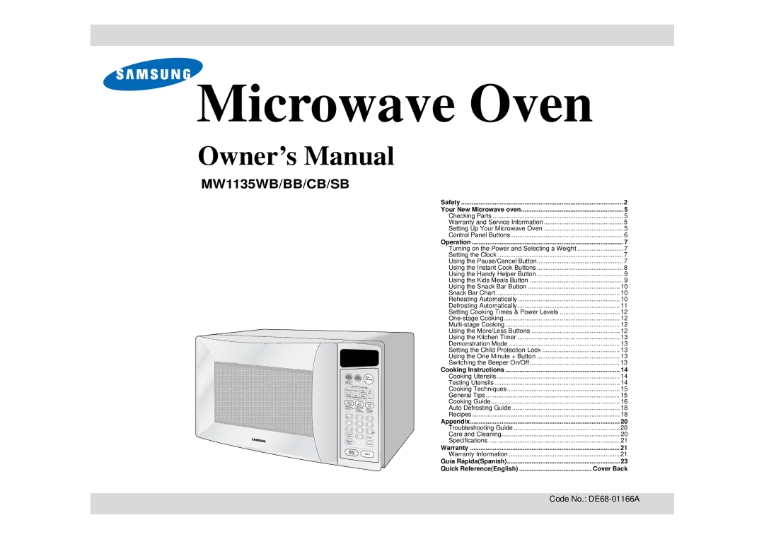 Samsung MW1135WB manual Microwave Oven, Code No. DE68-01166A 