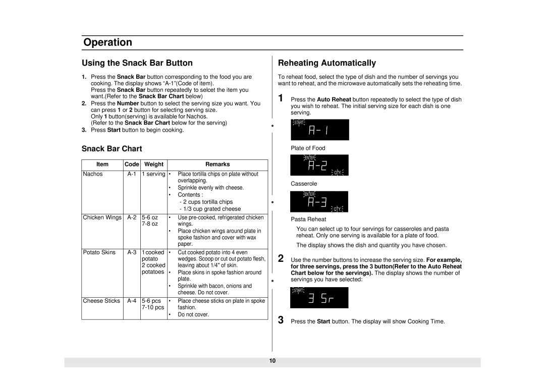 Samsung MW1135WB manual Using the Snack Bar Button, Reheating Automatically, Snack Bar Chart 