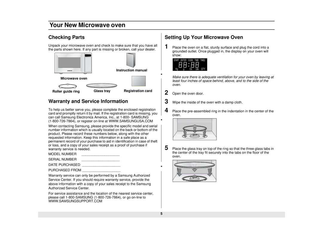 Samsung MW1135WB Your New Microwave oven, Checking Parts, Warranty and Service Information, Setting Up Your Microwave Oven 