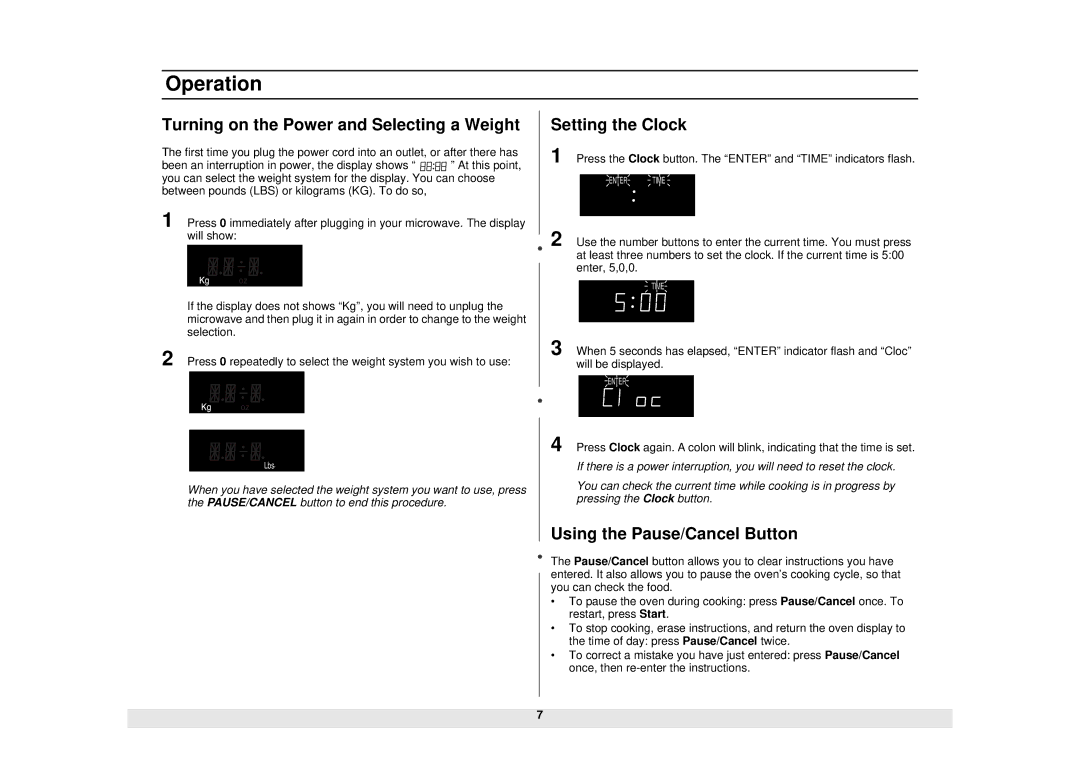 Samsung MW1135WB Operation, Turning on the Power and Selecting a Weight, Setting the Clock, Using the Pause/Cancel Button 