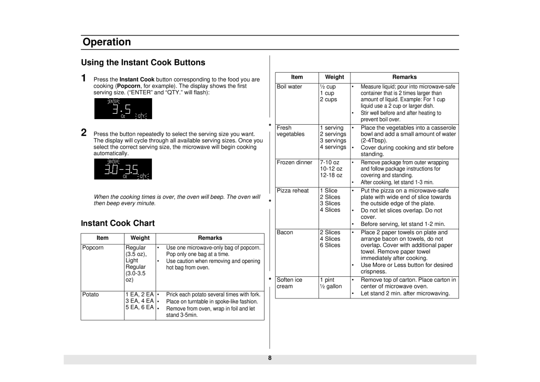 Samsung MW1135WB manual Using the Instant Cook Buttons, Instant Cook Chart, Weight Remarks 