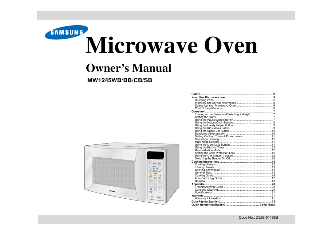 Samsung MW1245SB, MW1245WB, MW1245CB, MW1245BB owner manual Microwave Oven, Code No. DE68-01166B 