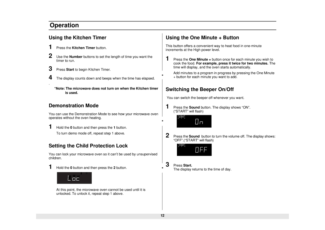 Samsung MW1245WB, MW1245SB, MW1245CB Using the Kitchen Timer, Demonstration Mode, Setting the Child Protection Lock 