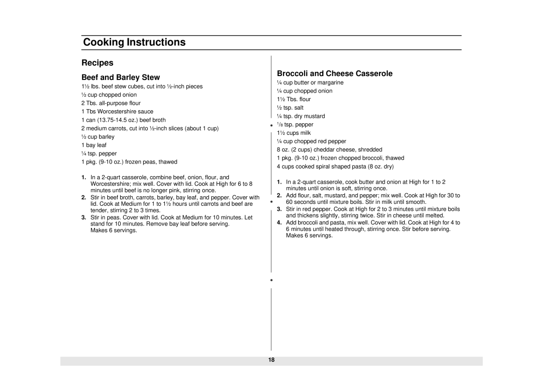 Samsung MW1245CB, MW1245WB, MW1245SB, MW1245BB owner manual Recipes, Beef and Barley Stew, Broccoli and Cheese Casserole 