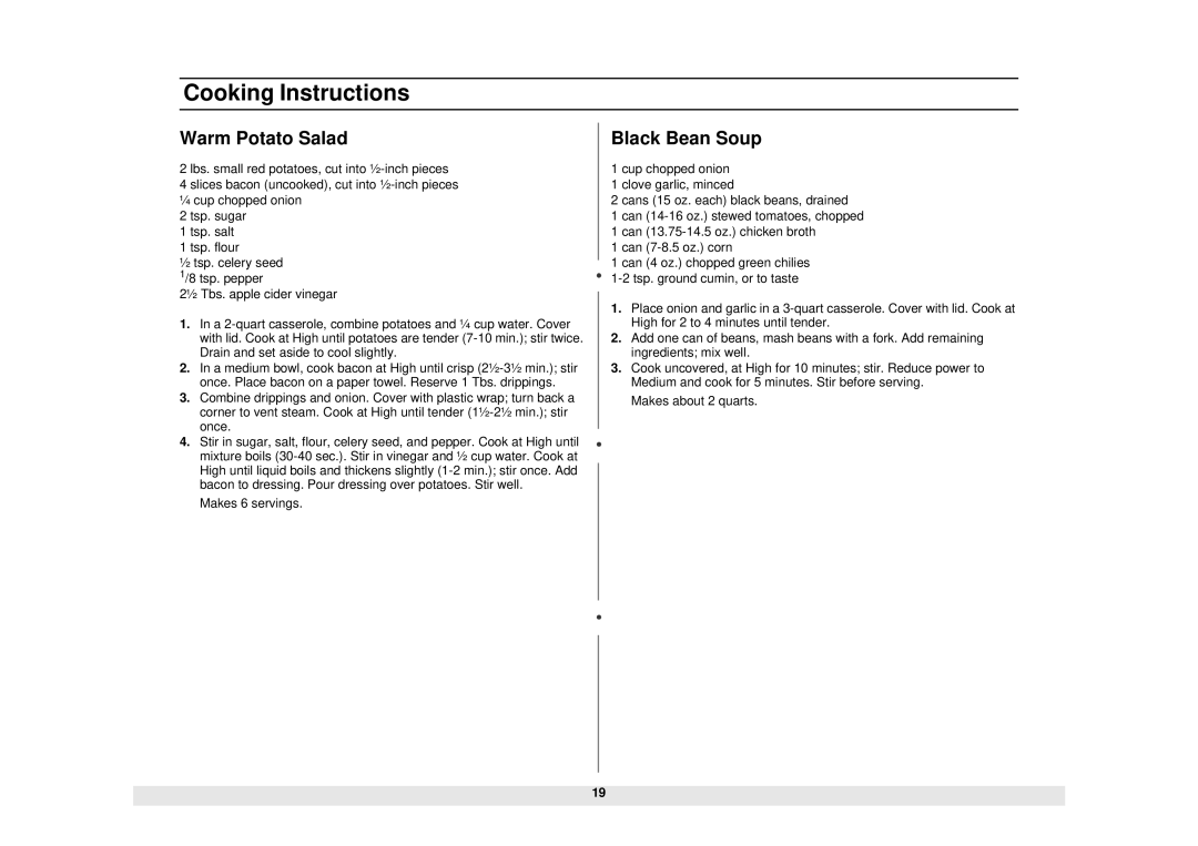 Samsung MW1245BB, MW1245WB, MW1245SB, MW1245CB owner manual Warm Potato Salad, Black Bean Soup 