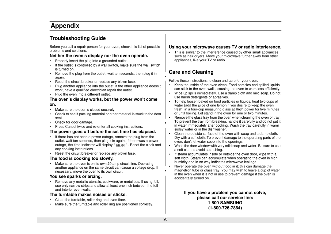 Samsung MW1245WB, MW1245SB Appendix, Troubleshooting Guide, Care and Cleaning, Outage, the time indicator will display 