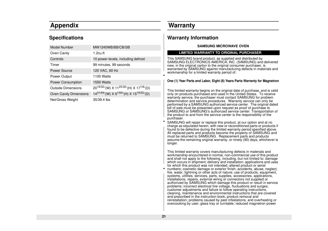 Samsung MW1245SB, MW1245WB, MW1245CB, MW1245BB owner manual Appendix Warranty, Specifications, Warranty Information 