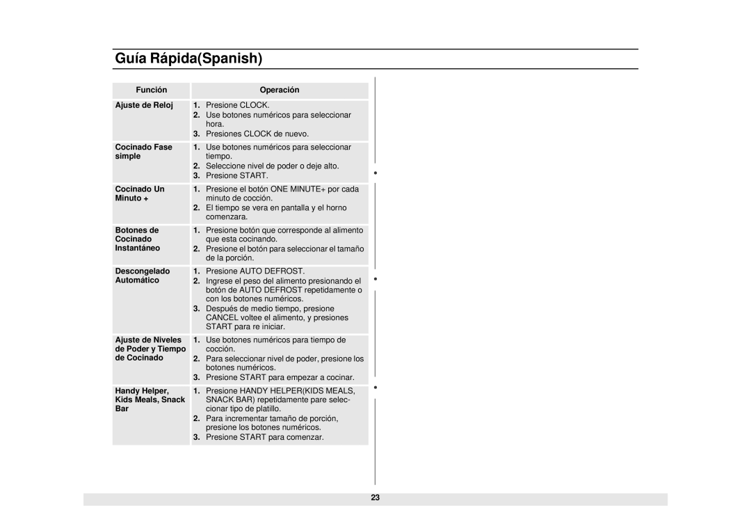Samsung MW1245BB, MW1245WB Guía RápidaSpanish, Cocinado Que esta cocinando Instantáneo, De la porción, Botones numéricos 