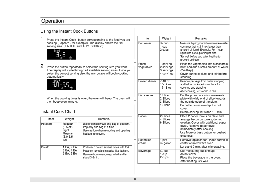 Samsung MW1245WB, MW1245SB, MW1245CB, MW1245BB owner manual Using the Instant Cook Buttons, Instant Cook Chart, Weight Remarks 