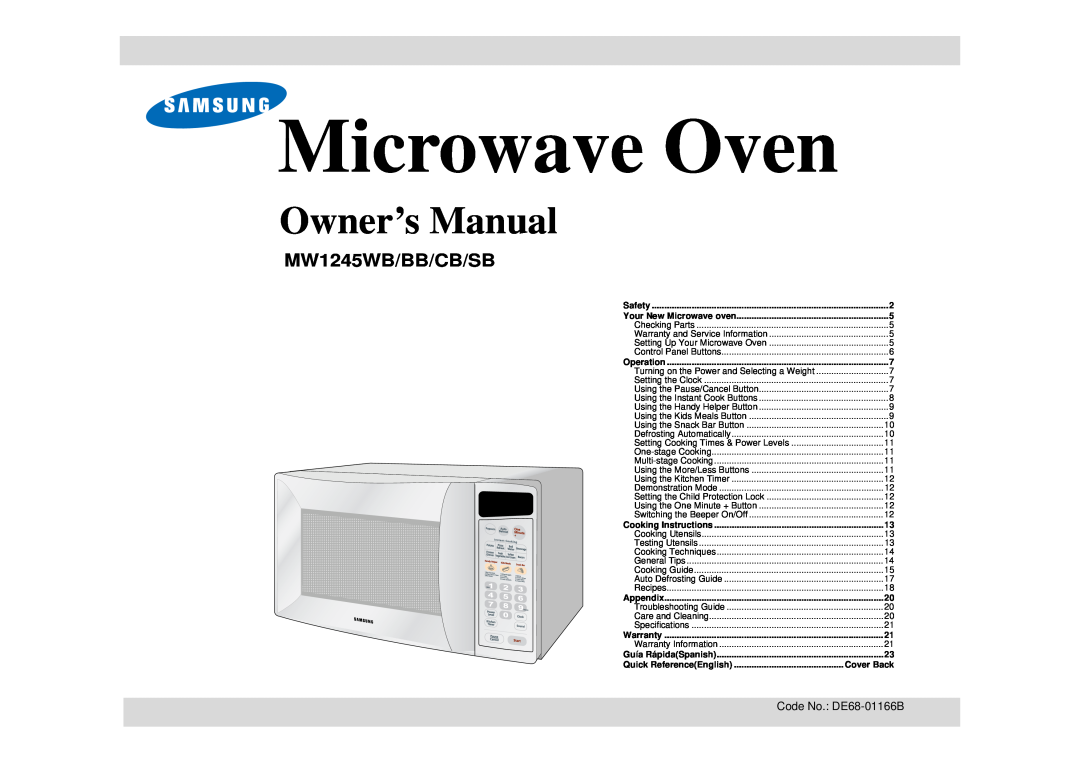 Samsung MW1245SB owner manual Microwave Oven, MW1245WB/BB/CB/SB, Cover Back, Safety, Your New Microwave oven, Operation 
