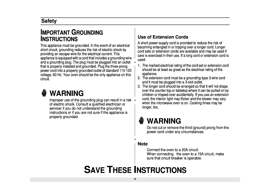 Samsung MW1245WB, MW1245SB Important Grounding Instructions, Use of Extension Cords, Save These Instructions, Safety 