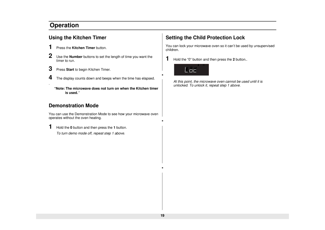 Samsung MW1255WA owner manual Using the Kitchen Timer, Demonstration Mode, Setting the Child Protection Lock 